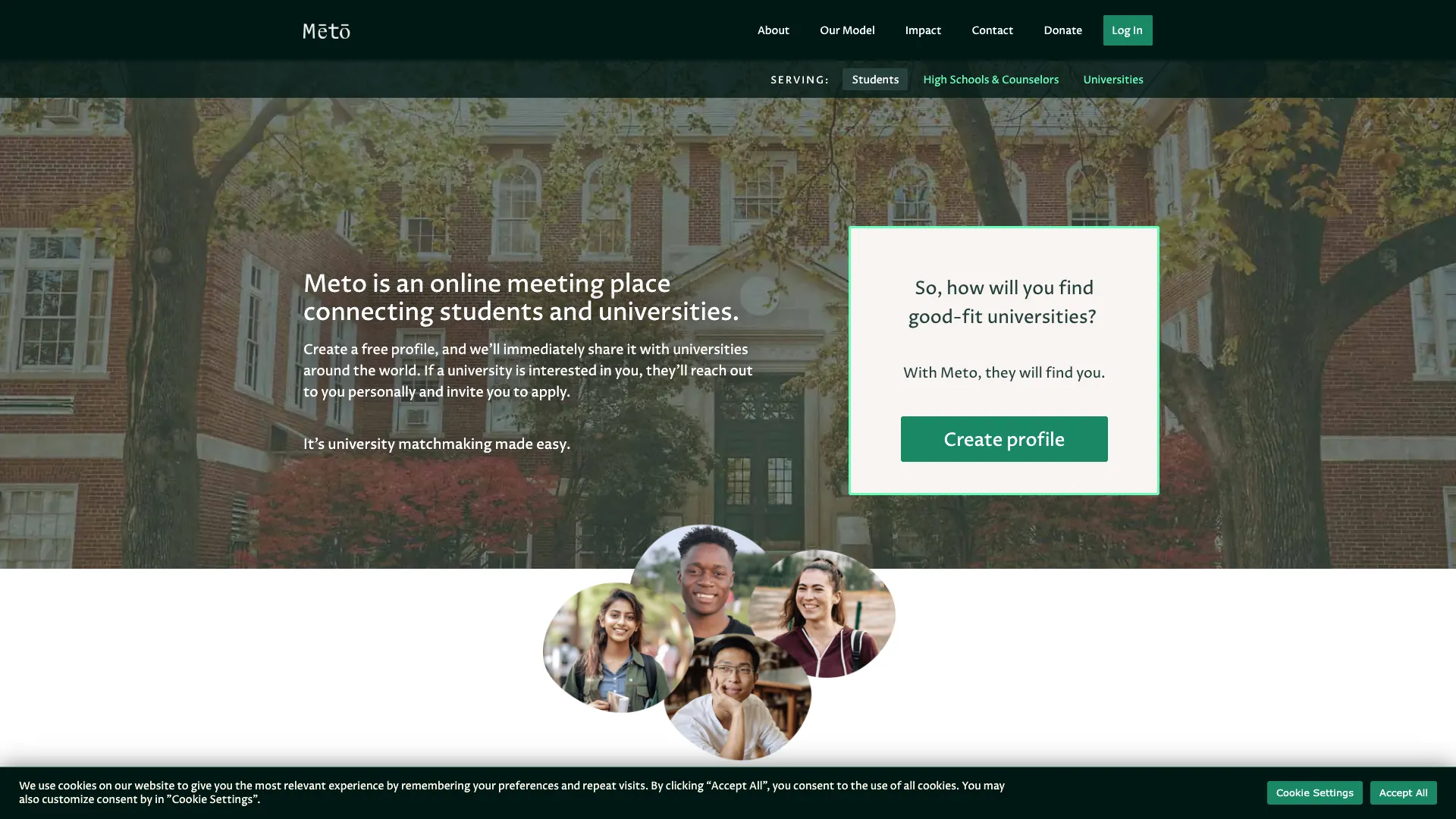Meto: Global Student-to-University Discovery Platform homepage screenshot