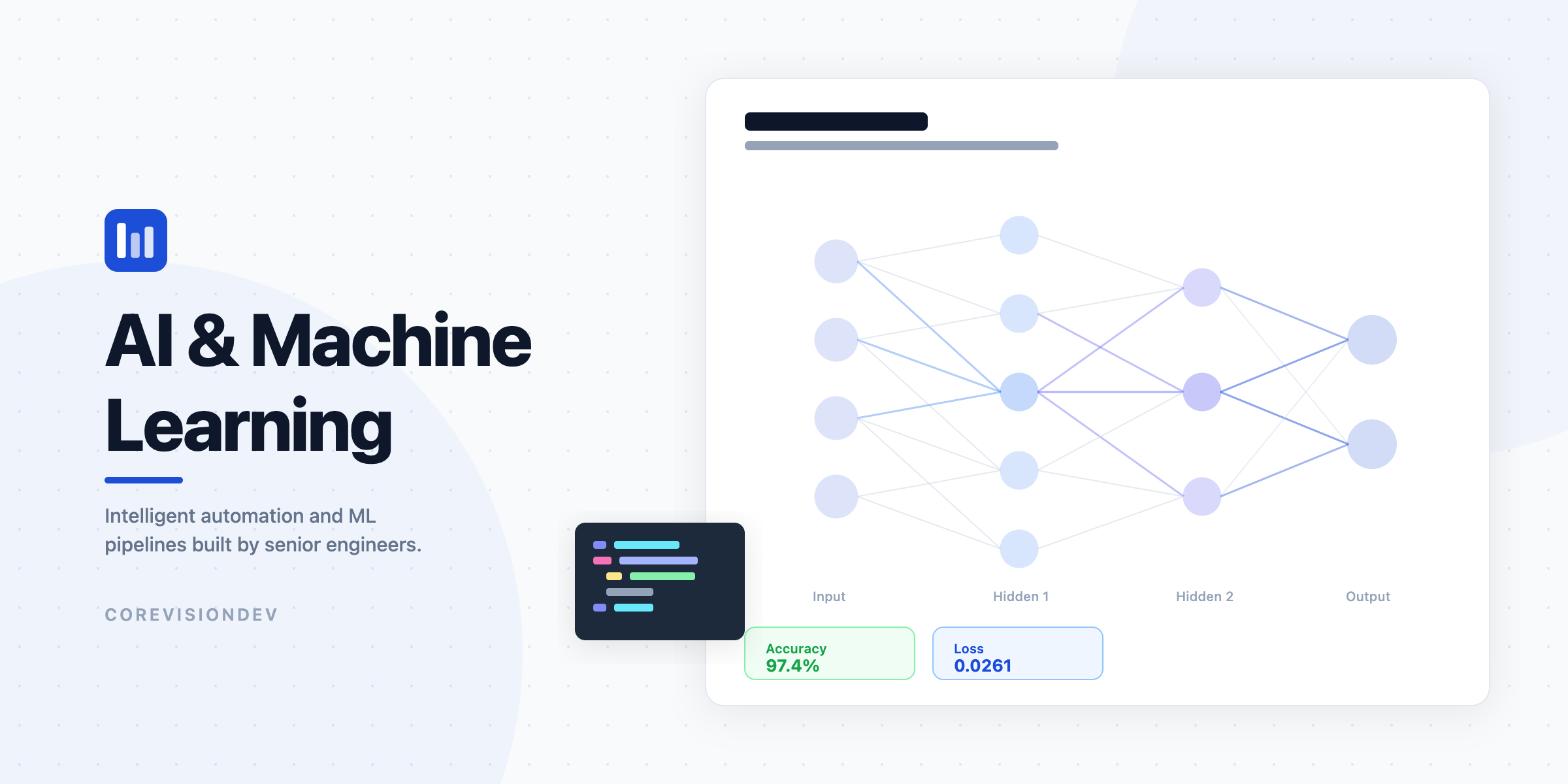 AI and machine learning services — CoreVisionDev AI workflow interface showcasing intelligent automation built by senior engineers