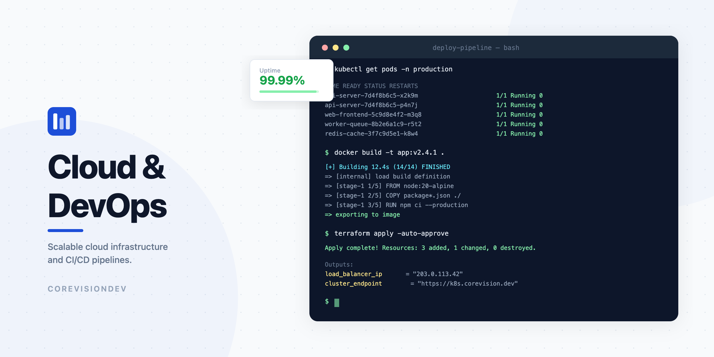 Cloud and DevOps services — CoreVisionDev infrastructure dashboard showcasing scalable cloud deployments by senior engineers