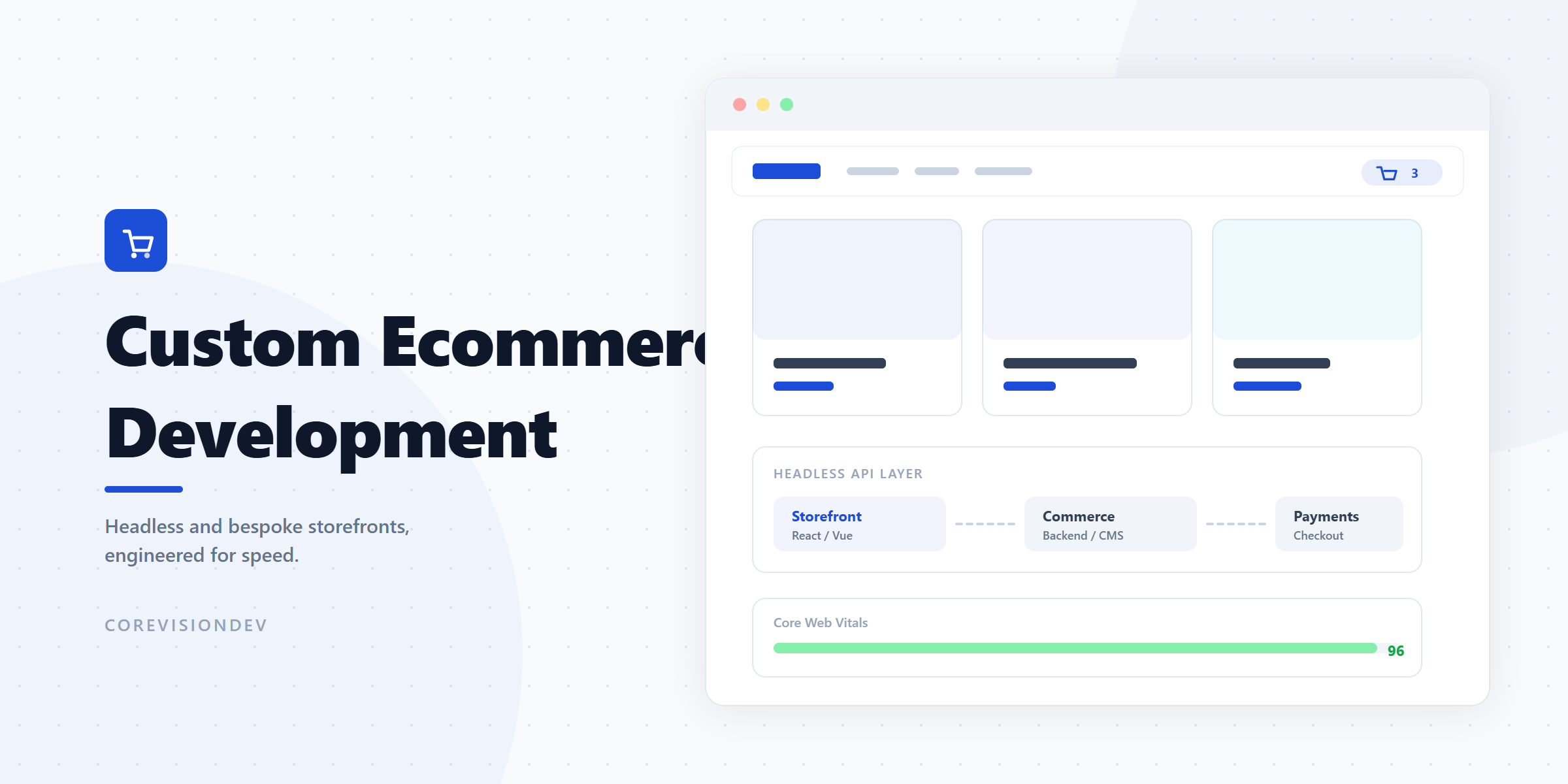 Custom ecommerce development — CoreVisionDev headless and bespoke online store architecture with React and Vue storefronts built by senior engineers