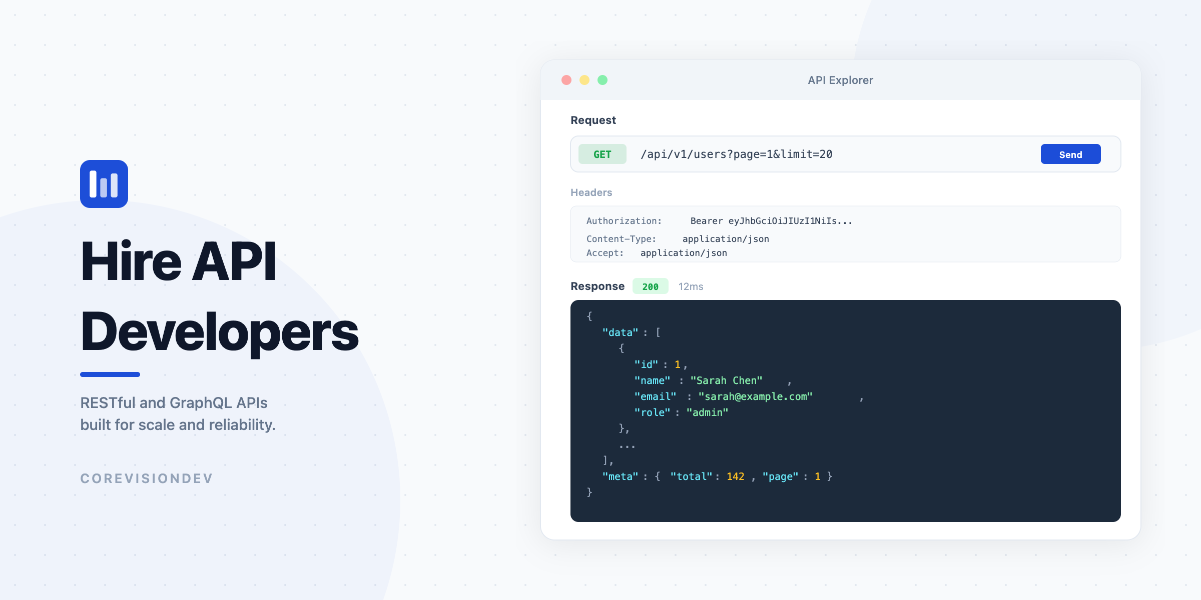 Hire API developers — CoreVisionDev API explorer interface showcasing RESTful API development by senior engineers