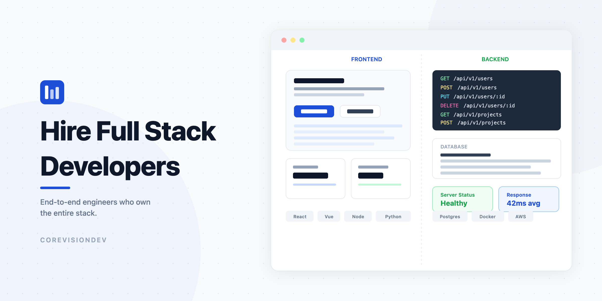 Hire full stack developers — CoreVisionDev full stack development interface showcasing end-to-end engineering by senior developers