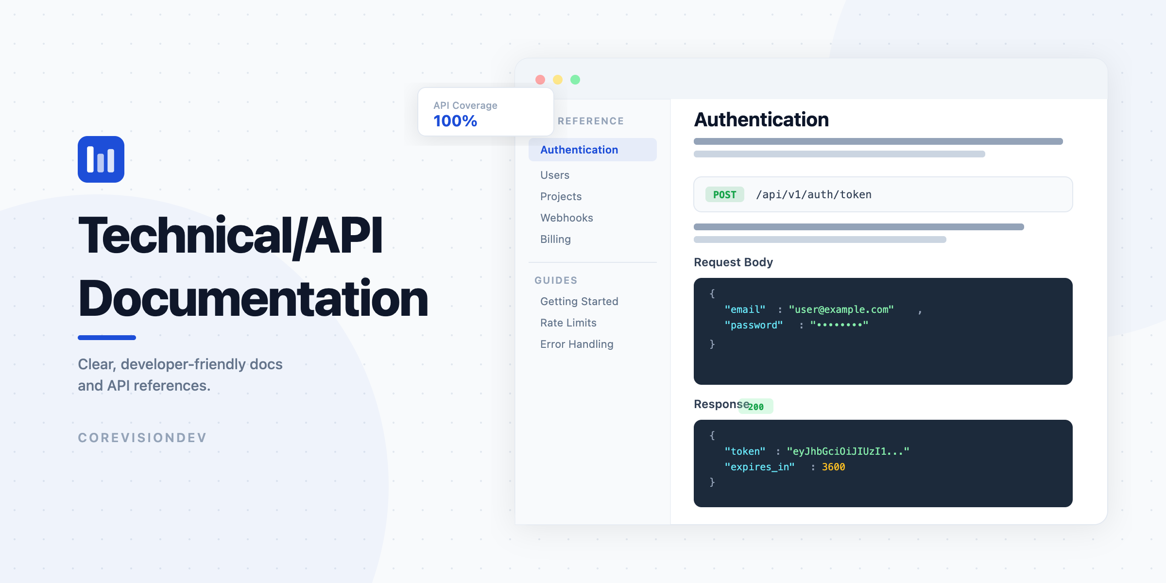 Technical and API documentation services — CoreVisionDev documentation interface showcasing developer docs built by senior engineers