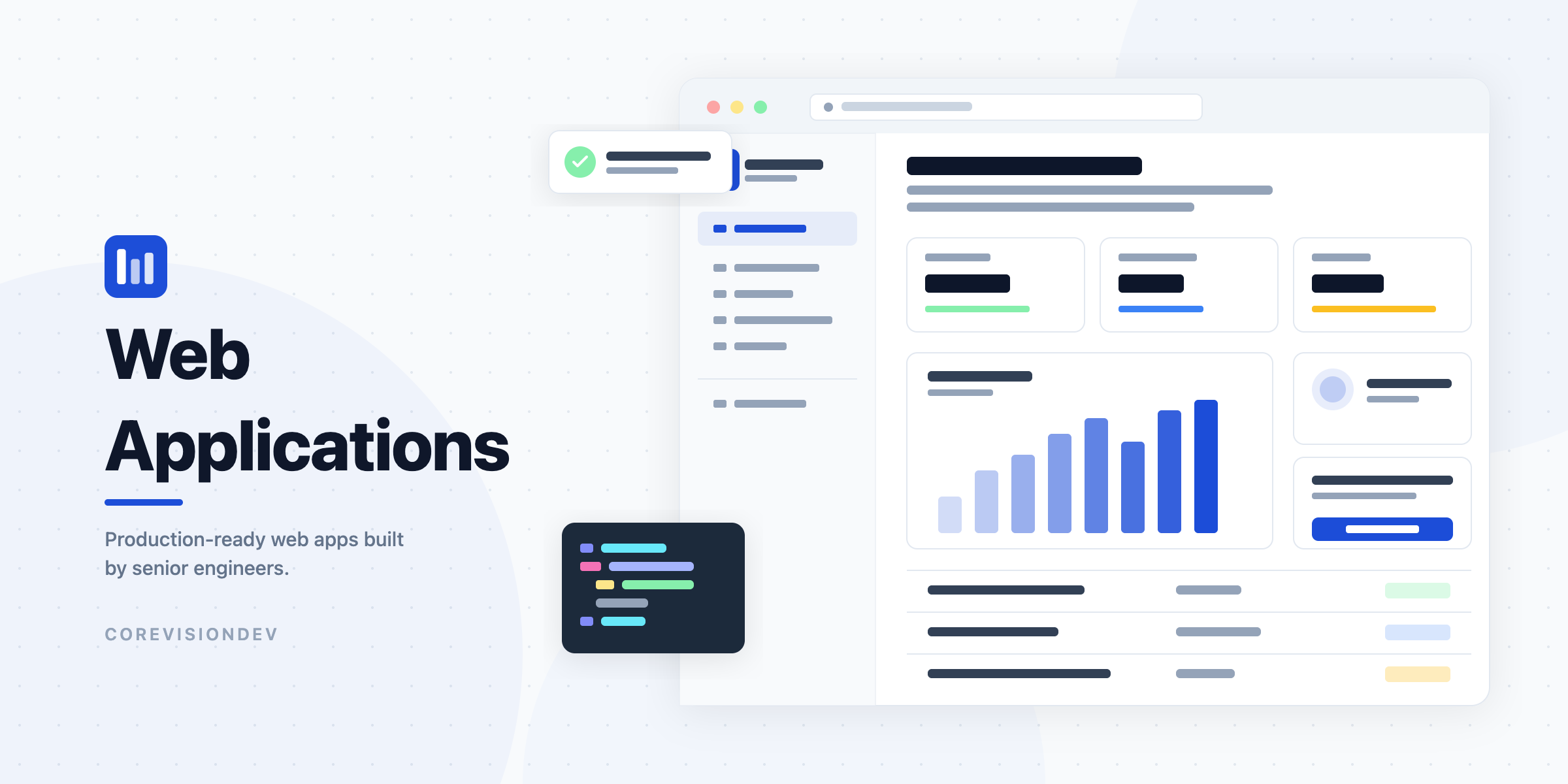 Web application development services — CoreVisionDev dashboard interface showcasing production-ready web apps built by senior engineers